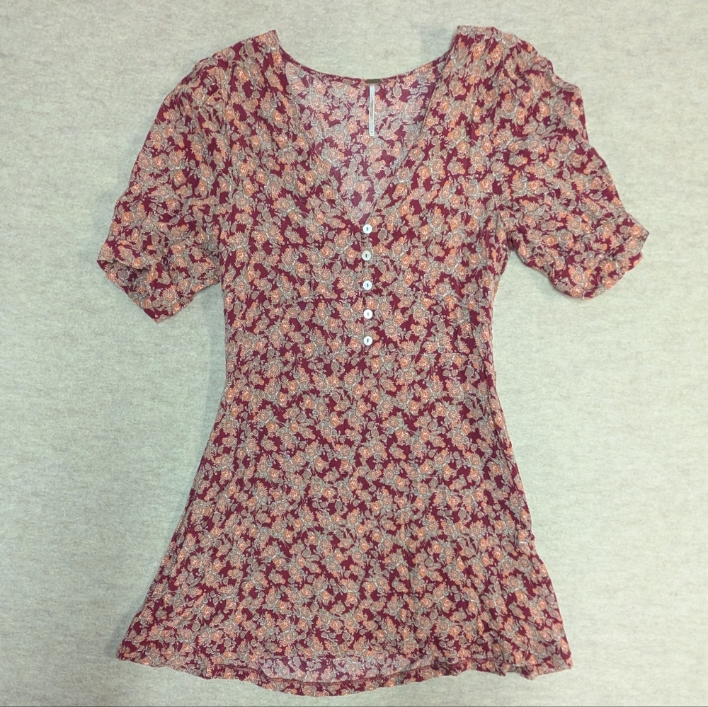 Free People Burgundy Floral Mini Dress Fit & Flair Button Details Cottagecore M